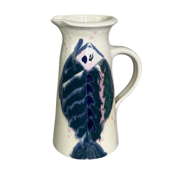 Handmade Pottery Vintage Pitcher Fish Design Signed Studio Art Ceramic 8" Tall - Picture 1 of 12